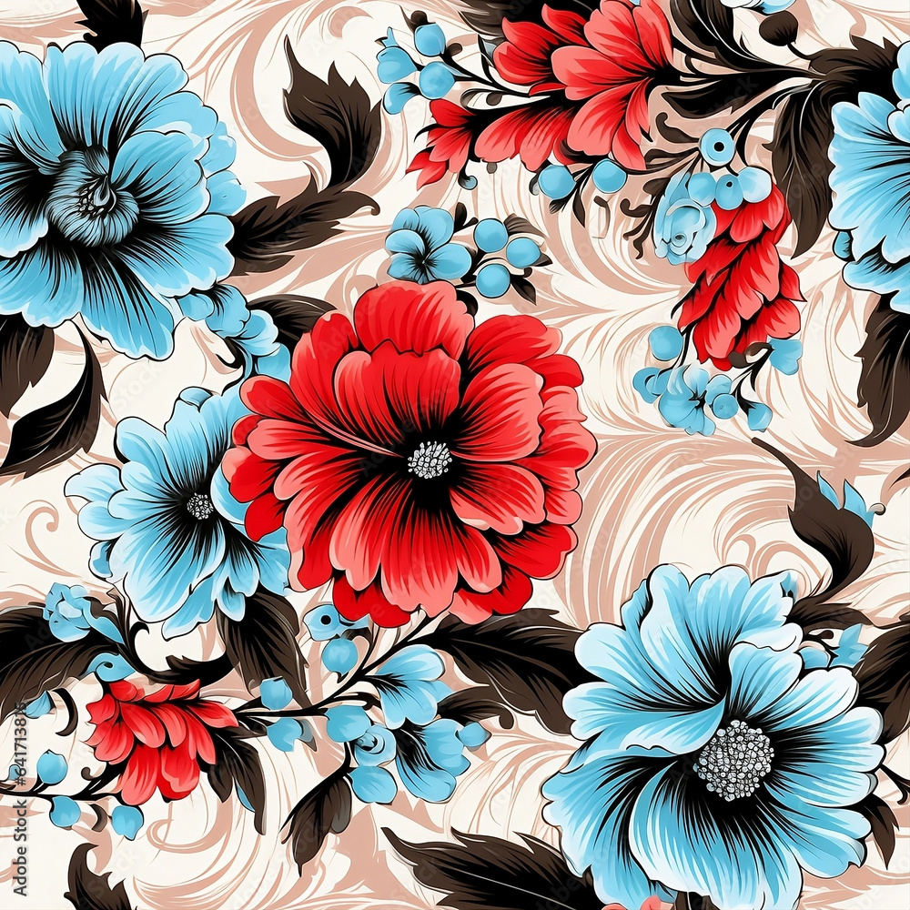 Seamless pattern close up picture of a multicolored floral fabric, in the style of , light white and red, light sky - blue and light black, flowing draperies
Seamless pattern close up picture of a multicolored floral fabric, in the style of , light white and red, light sky - blue and light black, flowing draperies