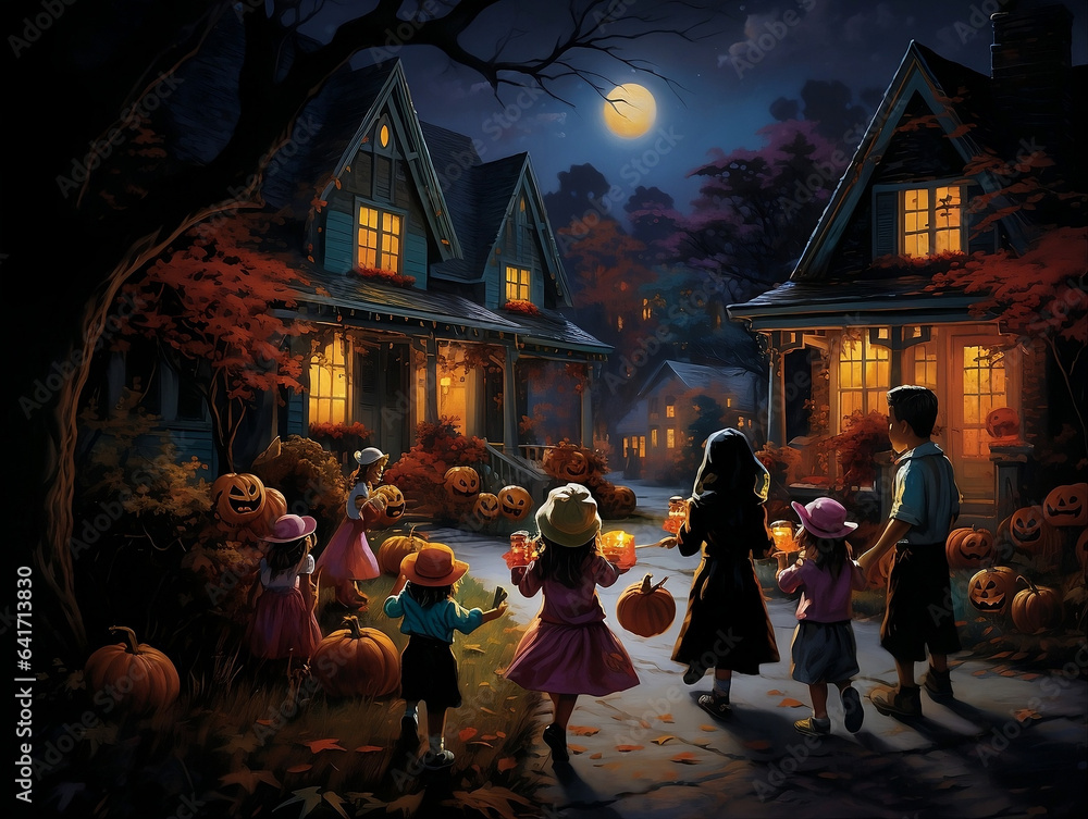trick or treating  halloween night , group of children going from door to door in a neighborhood