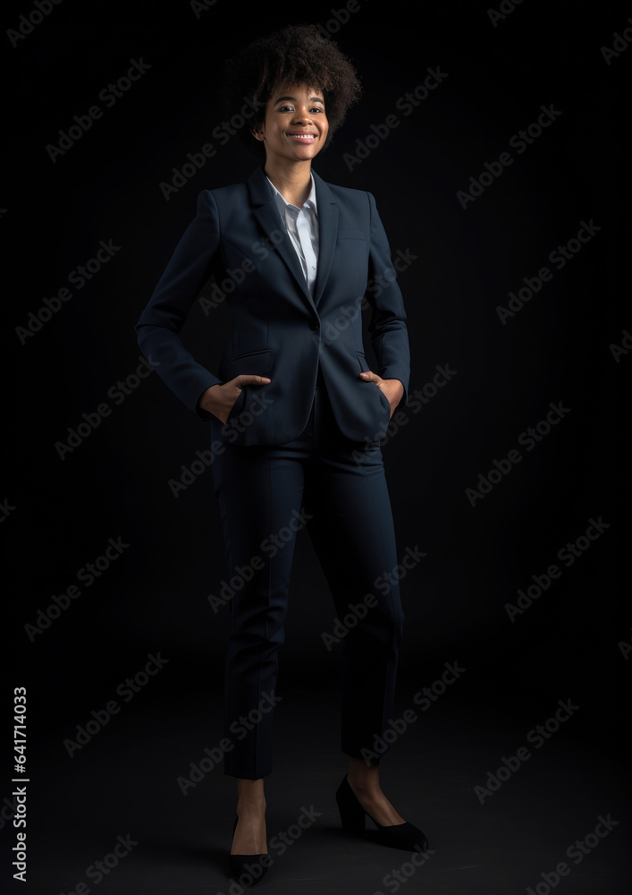 Generative AI, beautiful young black girl in a business suit, jacket and trousers on a dark background, african american businesswoman, boss, place for text, successful woman, office dress code Generative AI, beautiful young black girl in a business suit, jacket and trousers on a dark background, african american businesswoman, boss, place for text, successful woman, office dress code