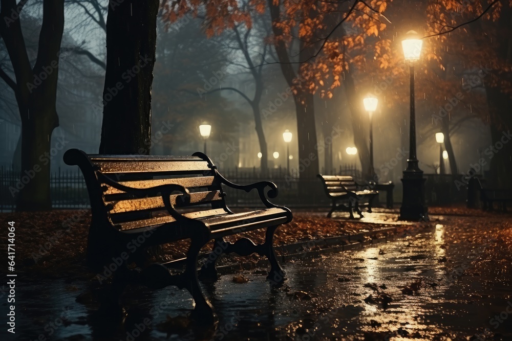 Night alley in autumn city park with benches and light lanterns, wet after rain