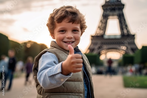 Environmental portrait photography of a happy boy in his 30s clapping hands wearing a rugged jean vest against the eiffel tower. With generative AI technology
