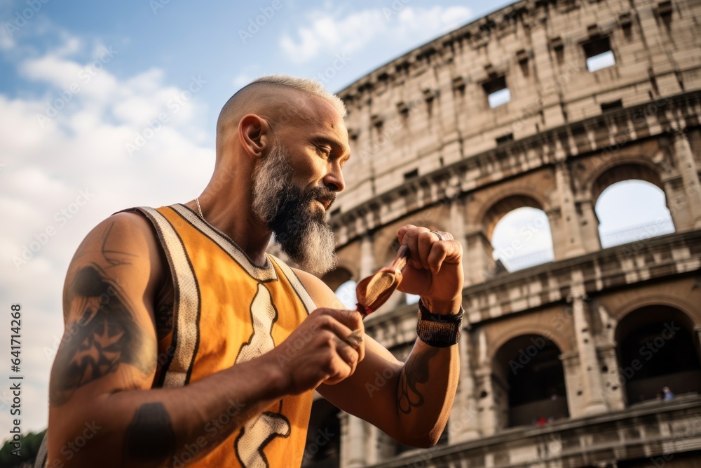 Close-up portrait photography of a content mature man holding a paintbrush dressed in a high-performance basketball jersey against the colosseum in rome italy. With generative AI technology