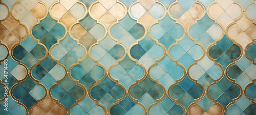 Abstract turquoise gold mosaic tile wall texture background illustration - Arabesque moroccan marrakech vintage retro ceramic tiles pattern