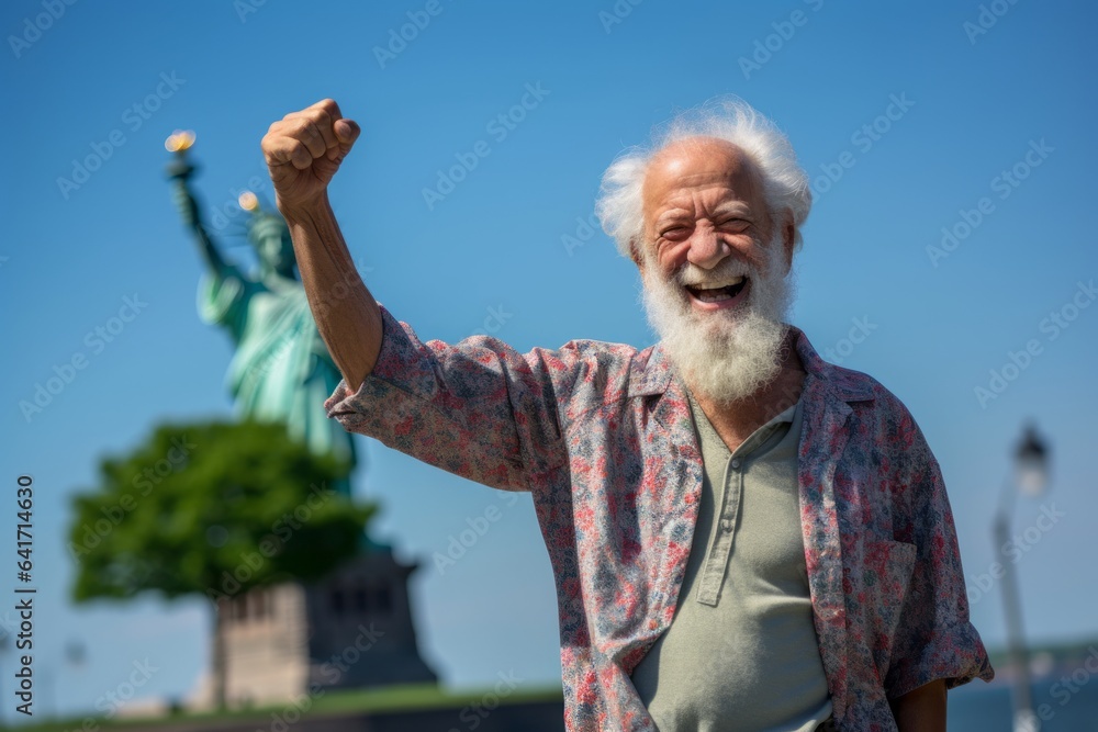 Environmental portrait photography of a happy old man shaking fist