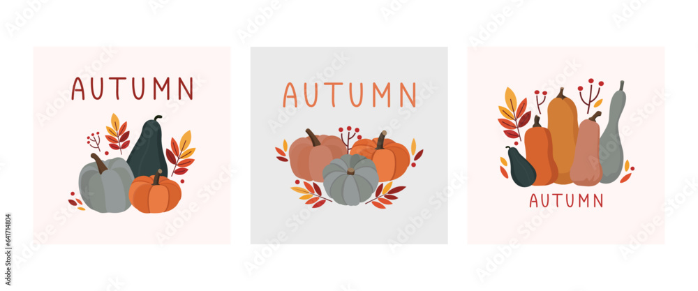 Autumn vector greeting card poster template. Set of three colored trendy vector illustrations. Minimalist postcard nature leaves, trees, pumpkins, abstract shapes.