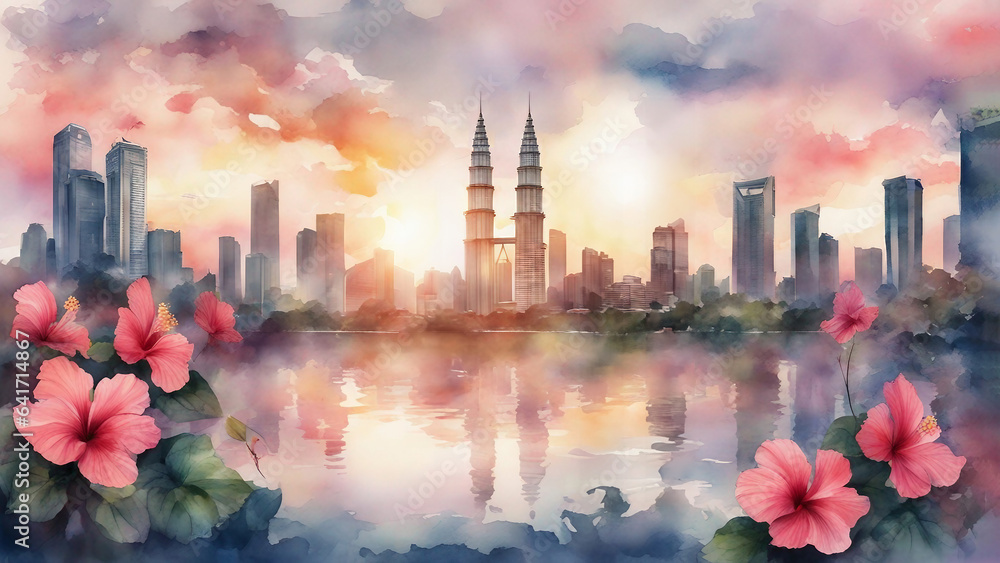 kuala lumpur city center KLCC with hibiscus in watercolor painting - obrazy, fototapety, plakaty 