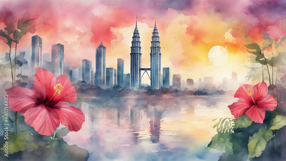 Fototapeta premium kuala lumpur city center KLCC with hibiscus in watercolor painting