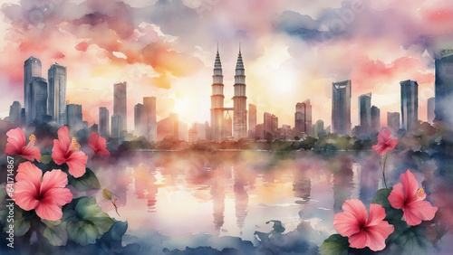 kuala lumpur city center KLCC with hibiscus in watercolor painting