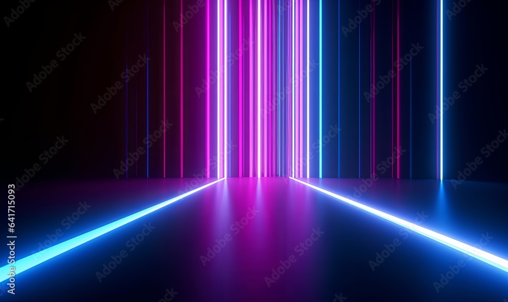 3d render, abstract background with vertical pink blue neon lines glowing in the dark. Digital ultraviolet wallpaper, Generative AI