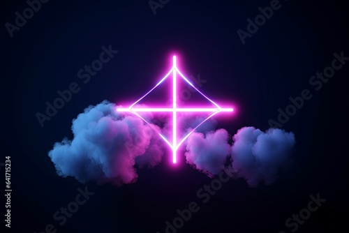 3d render, mystical cloud and cross sign glowing with pink blue neon light, abstract background, Generative AI