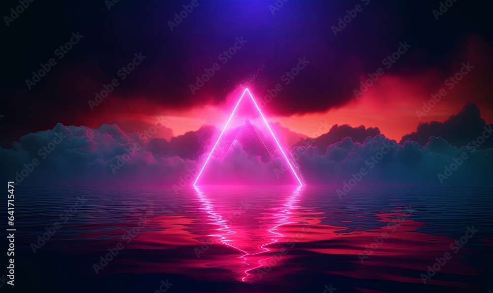 3d render, abstract fantasy background. Unique futuristic wallpaper with triangular geometric shape glowing with pink red neon light, colorful cloud and, Generative AI