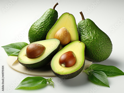 Avocado with leaves on a white background. 3d illustration. 