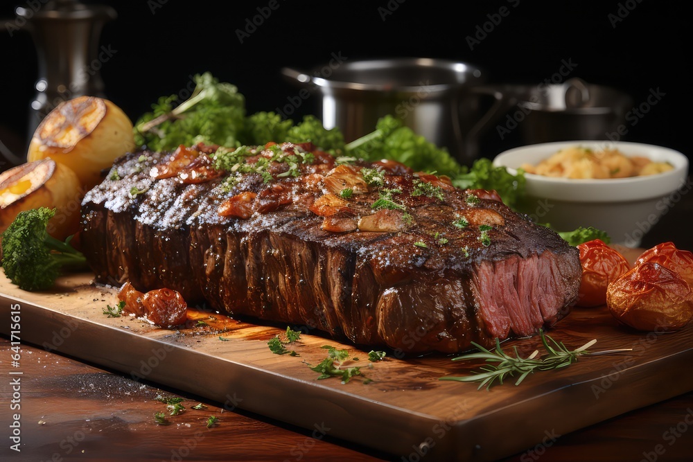 Delicious grilled meat with vegetables on plate on wooden table, closeup