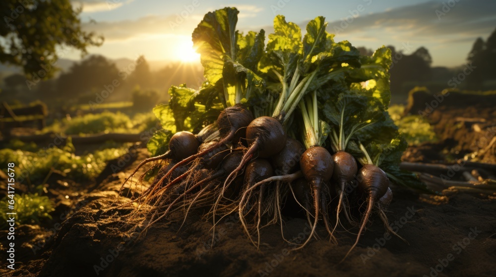 Freshly harvested beets on a field in the evening light. 