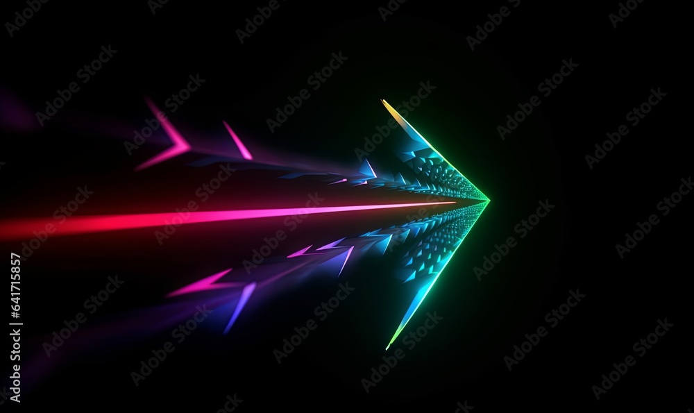 3d animation of a neon arrow isolated on a black background. Luminous lines and pulses glide along a geometric path, Generative AI - obrazy, fototapety, plakaty 