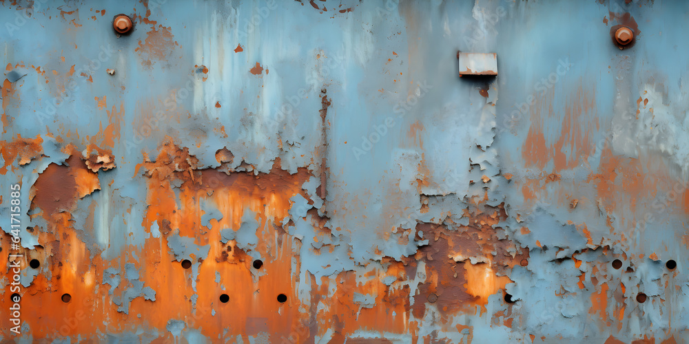 Figure of rusty metal peeling painted background. - obrazy, fototapety, plakaty 