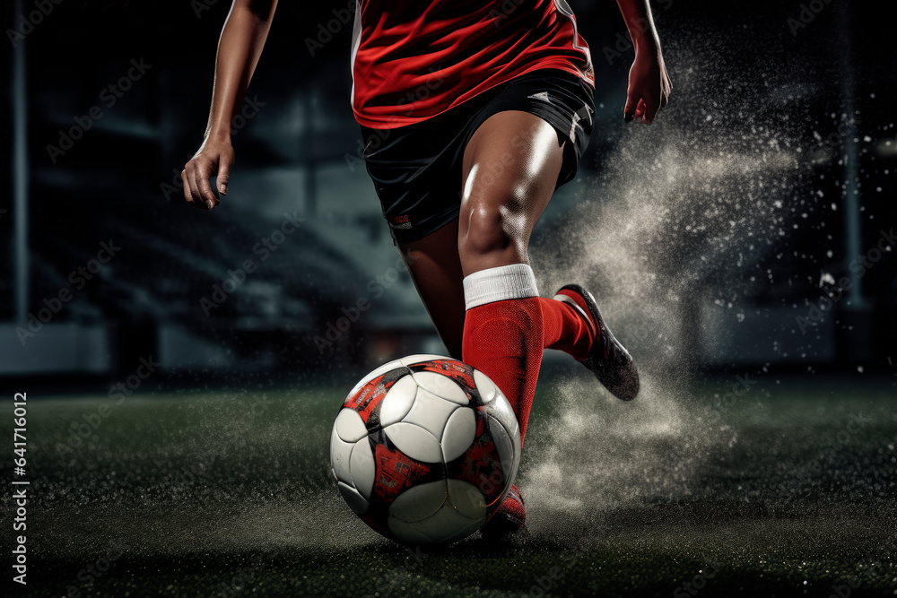 Professional female soccer player scrunches her feets a soccer ball with power