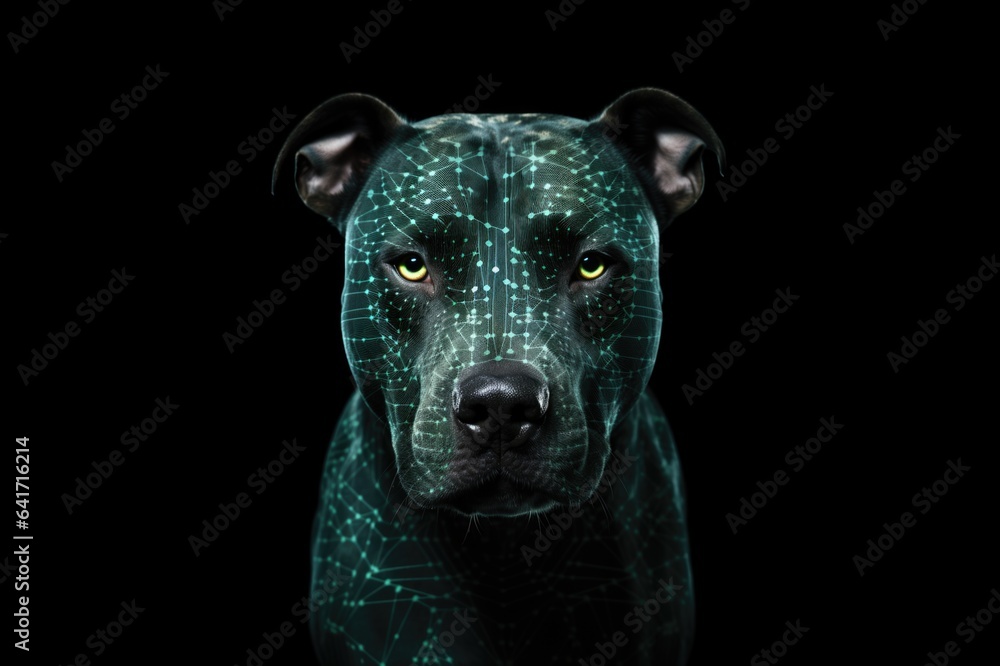 Portrait of pit bull dog with biometric grid on face on black background. Biometrics concept. - obrazy, fototapety, plakaty 