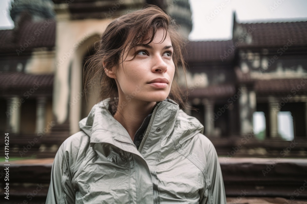 Photography in the style of pensive portraiture of a glad girl in her 30s scratching head wearing a lightweight packable anorak at the angkor wat in siem reap cambodia. With generative AI technology