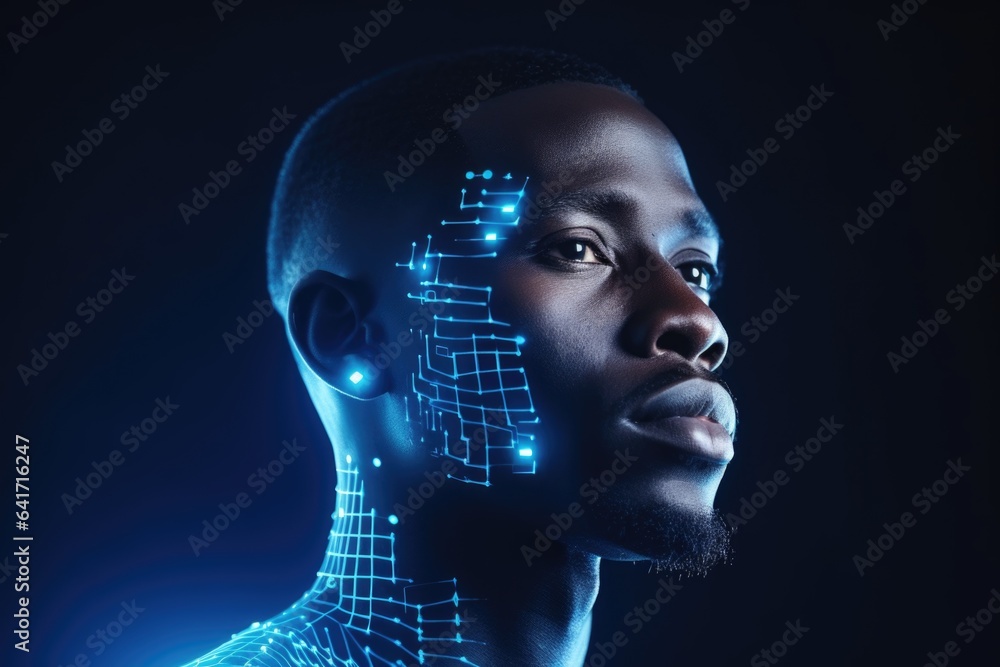 Obraz premium Portrait of an afro-american man in profile with a blue biometric facial recognition grid on his face.