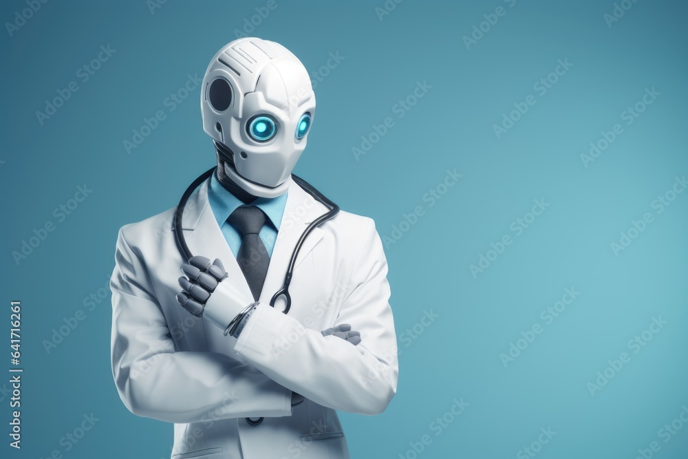 Thoughtful robotic therapist with stethoscope on blue background with copy space. Thoughtful robotic therapist with stethoscope on blue background with copy space.