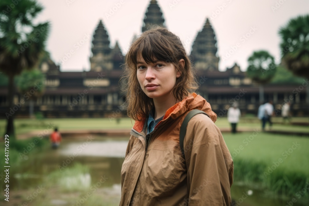 Naklejka premium Photography in the style of pensive portraiture of a glad girl in her 30s scratching head wearing a lightweight packable anorak at the angkor wat in siem reap cambodia. With generative AI technology