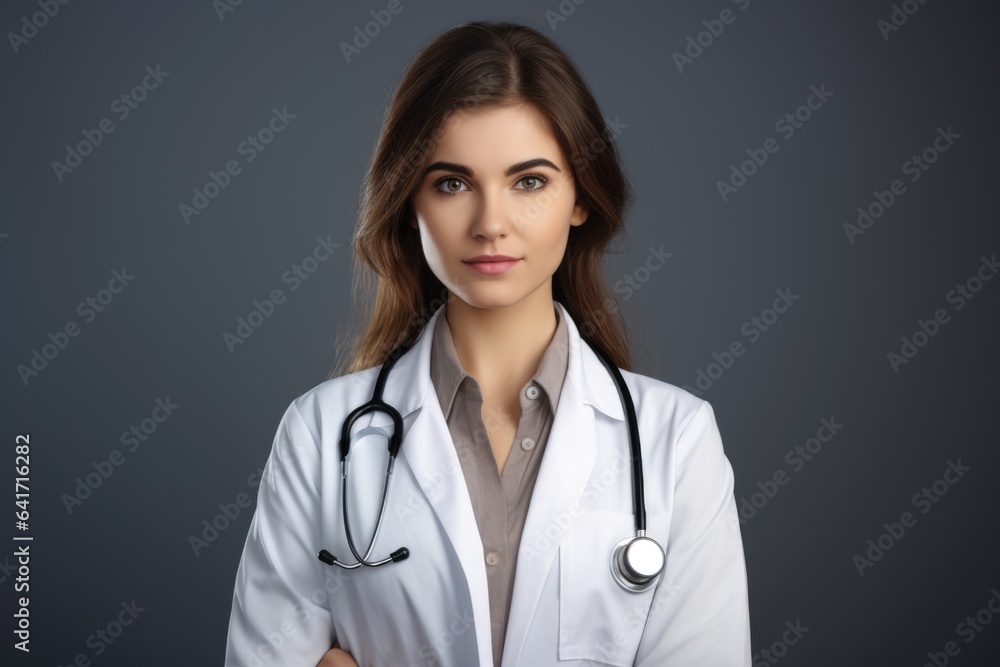 Attractive young female doctor with stethoscope on dark gray background. Attractive young female doctor with stethoscope on dark gray background.