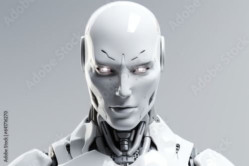 Portrait of a white anthropomorphic male robot on a gray background, close-up. AI concept. photo