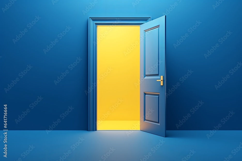 3d render, yellow light going through the open door isolated on blue background. Architectural design element. Modern minimal concept. Opportunity, Generative AI - obrazy, fototapety, plakaty 