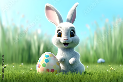 3D Cute White Rabbit with Colorful Egg on Green Field and Blue Sky, Ai Generated