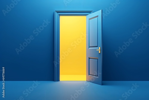 3d render, yellow light going through the open door isolated on blue background. Architectural design element. Modern minimal concept. Opportunity, Generative AI photo