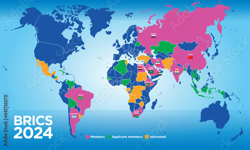 BRICS countries map in the year 2024 with new members with flags, international economic organization, vector illustration