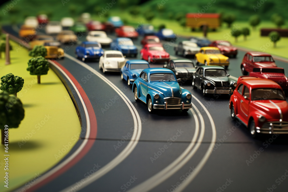 traffic on the highway. Highway Filled with Toy Cars: The Intersection of Imagination and Reality