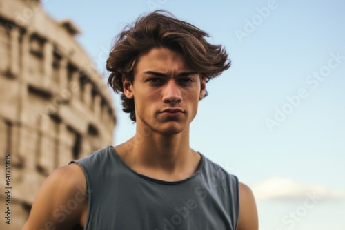 Medium shot portrait photography of a tender boy in his 20s biting lip wearing a fashionable tube top in front of the acropolis in athens greece. With generative AI technology
