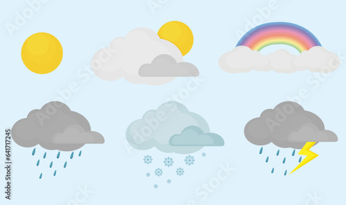 Nice weather. Rainbow, rain, snow, thunderstorm, sun, clouds. Nature, vector icons. Meteorology weather icons, rainbow and snow illustration.