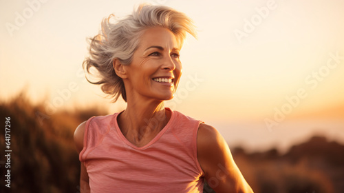 Portrait of smiling senior woman running in field at sunrise. Mature woman jogging outdoors.