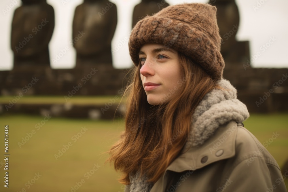 Photography in the style of pensive portraiture of a cheerful girl in her 20s pointing forward wearing a versatile buff at the moai statues of easter island chile. With generative AI technology Photography in the style of pensive portraiture of a cheerful girl in her 20s pointing forward wearing a versatile buff at the moai statues of easter island chile. With generative AI technology