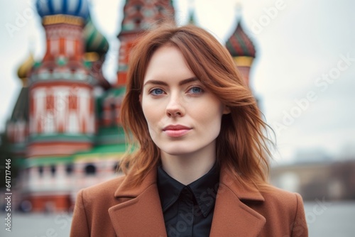 Close-up portrait photography of a tender girl in her 30s smirking wearing a professional suit jacket in front of the saint basils cathedral in moscow russia. With generative AI technology
