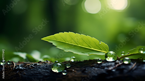 Green leaf with water drops. Nature background. Shallow depth of field.