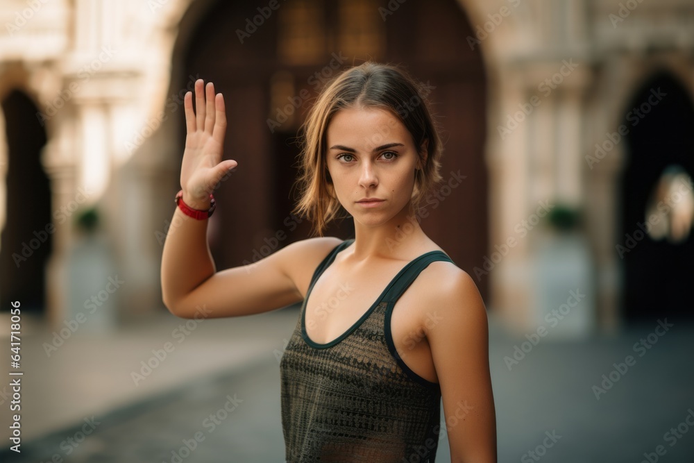 Close-up portrait photography of a merry girl in her 20s making a stop sign with hand wearing a lightweight running vest at the alhambra in granada spain. With generative AI technology