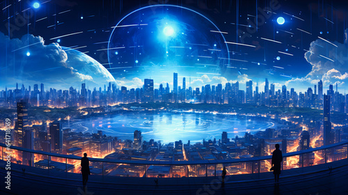 A vast horizon of interconnected digital cities, protected overhead by a glowing cybersecurity dome