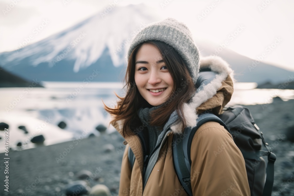 Lifestyle portrait photography of a blissful girl in her 20s tilting head dressed in a water-resistant gilet near the mount fuji in honshu island japan. With generative AI technology Lifestyle portrait photography of a blissful girl in her 20s tilting head dressed in a water-resistant gilet near the mount fuji in honshu island japan. With generative AI technology