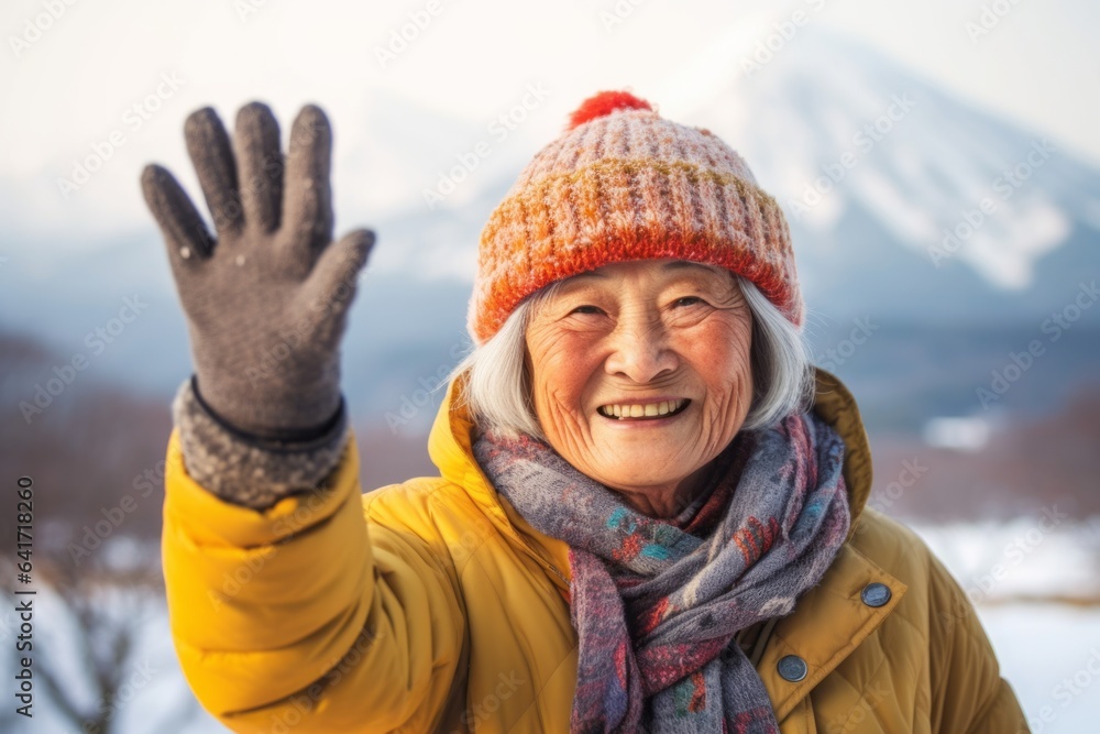 Headshot portrait photography of a cheerful old woman holding hands up in surrender dressed in a warm ski hat near the mount fuji in honshu island japan. With generative AI technology Headshot portrait photography of a cheerful old woman holding hands up in surrender dressed in a warm ski hat near the mount fuji in honshu island japan. With generative AI technology