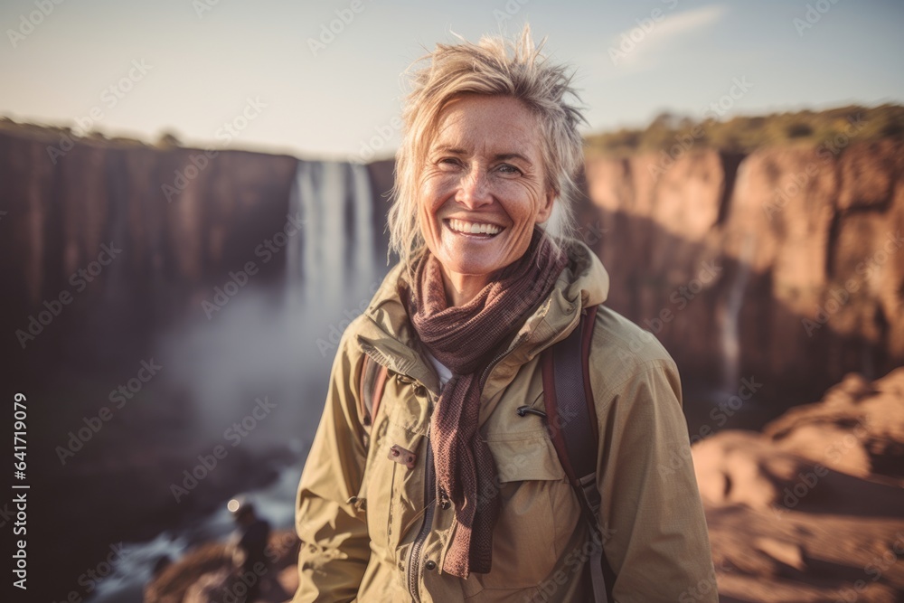 Environmental portrait photography of a happy mature woman tilting head wearing a trendy bomber jacket at the victoria falls in livingstone zambia. With generative AI technology