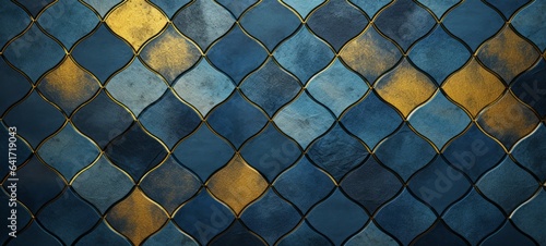 Abstract blue gold mosaic tile wall texture background illustration - Arabesque moroccan marrakech vintage retro ceramic tiles pattern © Corri Seizinger