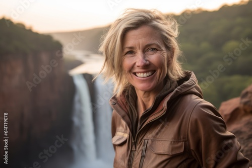 Environmental portrait photography of a happy mature woman tilting head wearing a trendy bomber jacket at the victoria falls in livingstone zambia. With generative AI technology