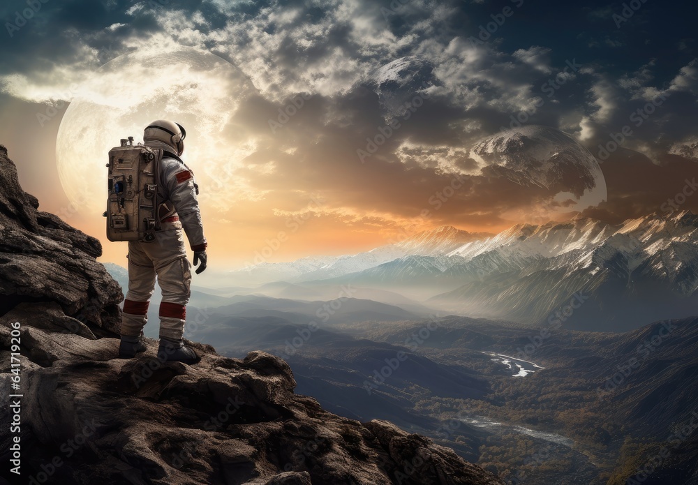 Landscape with an astronaut on the surface of an unknown planet, fiction and fantasy concept. Generative AI