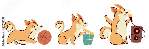 Welsh corgi dogs . Hand drawn style cartoon characters . White isolate background . Vector .
