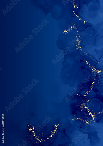 Dark blue hand painted alcohol ink background with gold glitter elements