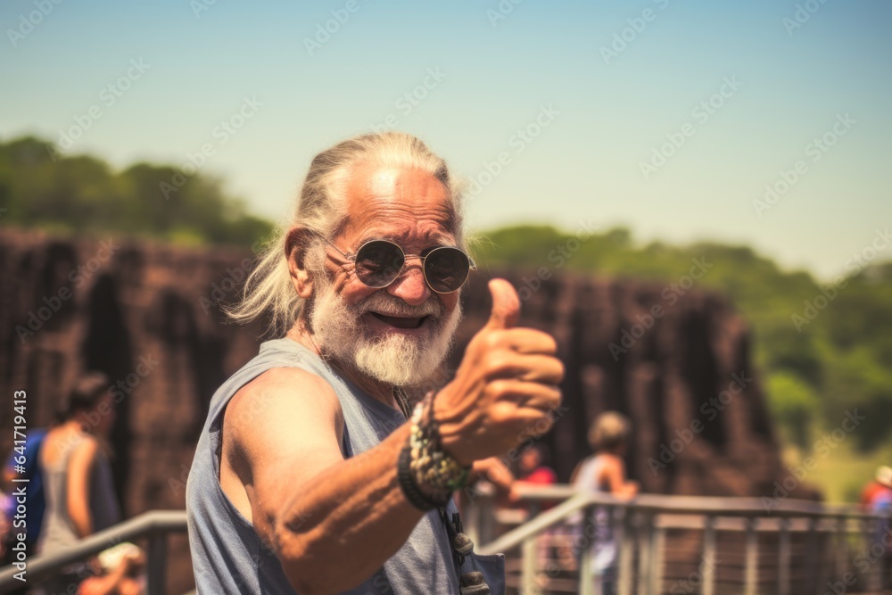 Close-up portrait photography of a jovial old man giving a thumbs up wearing a fashionable tube top at the victoria falls in livingstone zambia. With generative AI technology